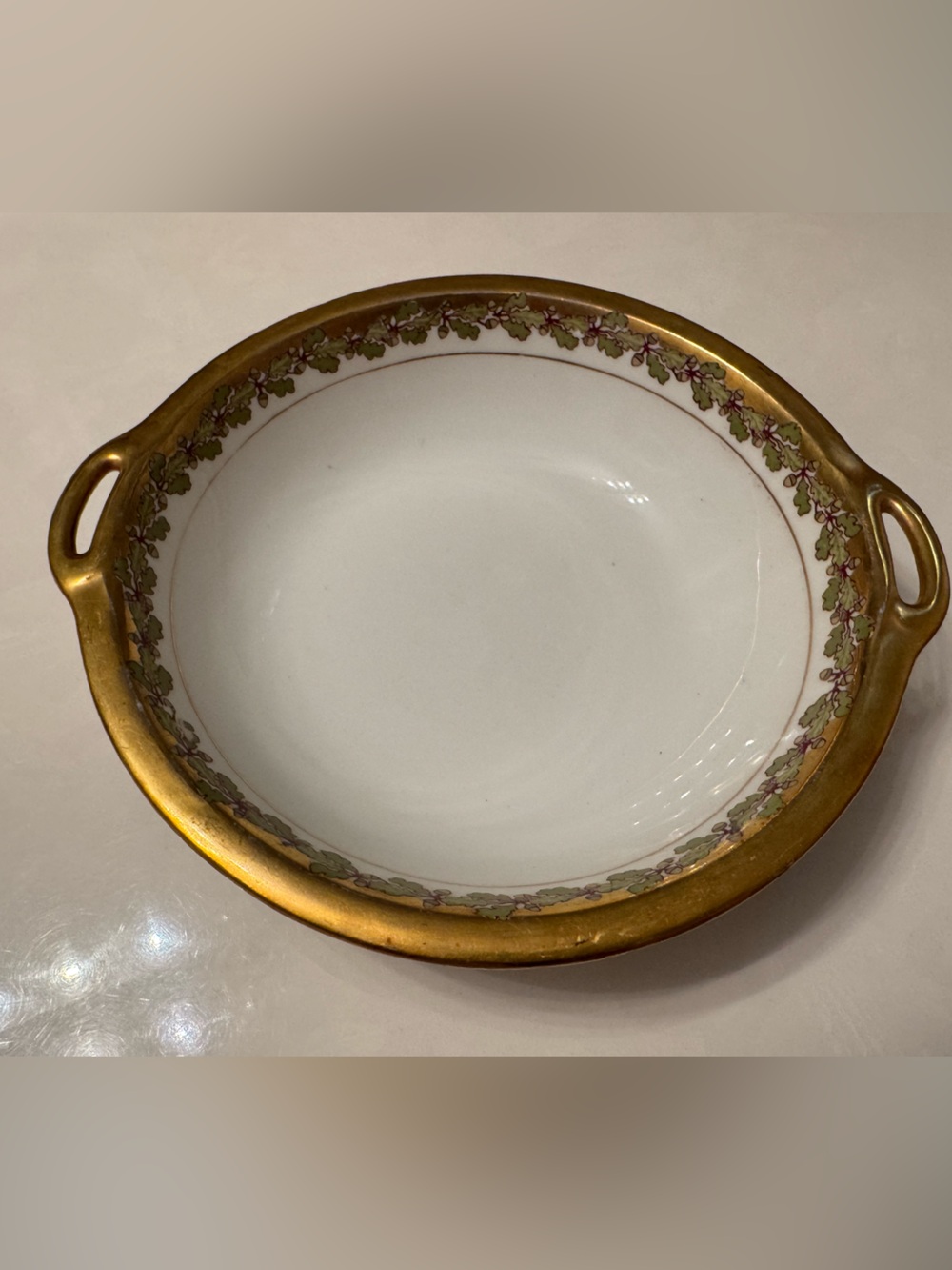 Vintage Hand-Painted Porcelain Handled Bowl, Oak Leaf & Acorn Gold Trim 7.5"